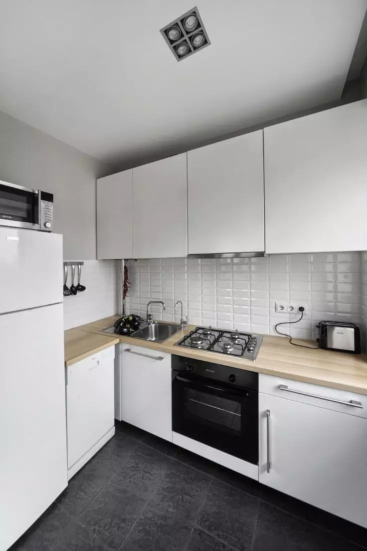 Mutfak tasarımı 6 metrekare. M, Khrushchev (88 fotoğraf): 6 metrekarelik küçük bir odada iç tasarım fikirleri, mutfak boyutları ve düzenleme planı, onarım seçenekleri 9441_28