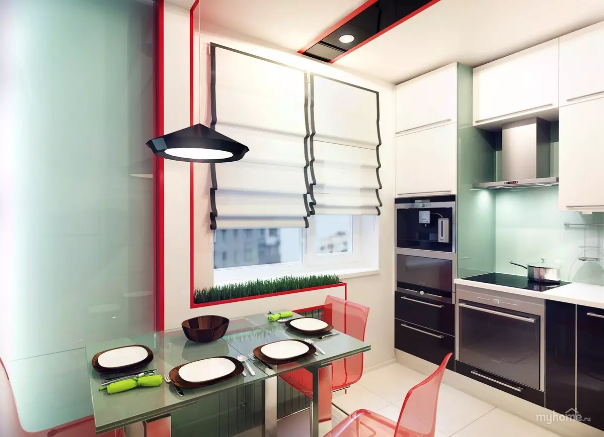 Kuchynský dizajn 6 metrov štvorcových. m v Khrushchev (88 fotografií): Nápady na dizajn interiéru v malej miestnosti 6 metrov štvorcových, veľkosti kuchyne a usporiadanie plánu, oprava možností 9441_44