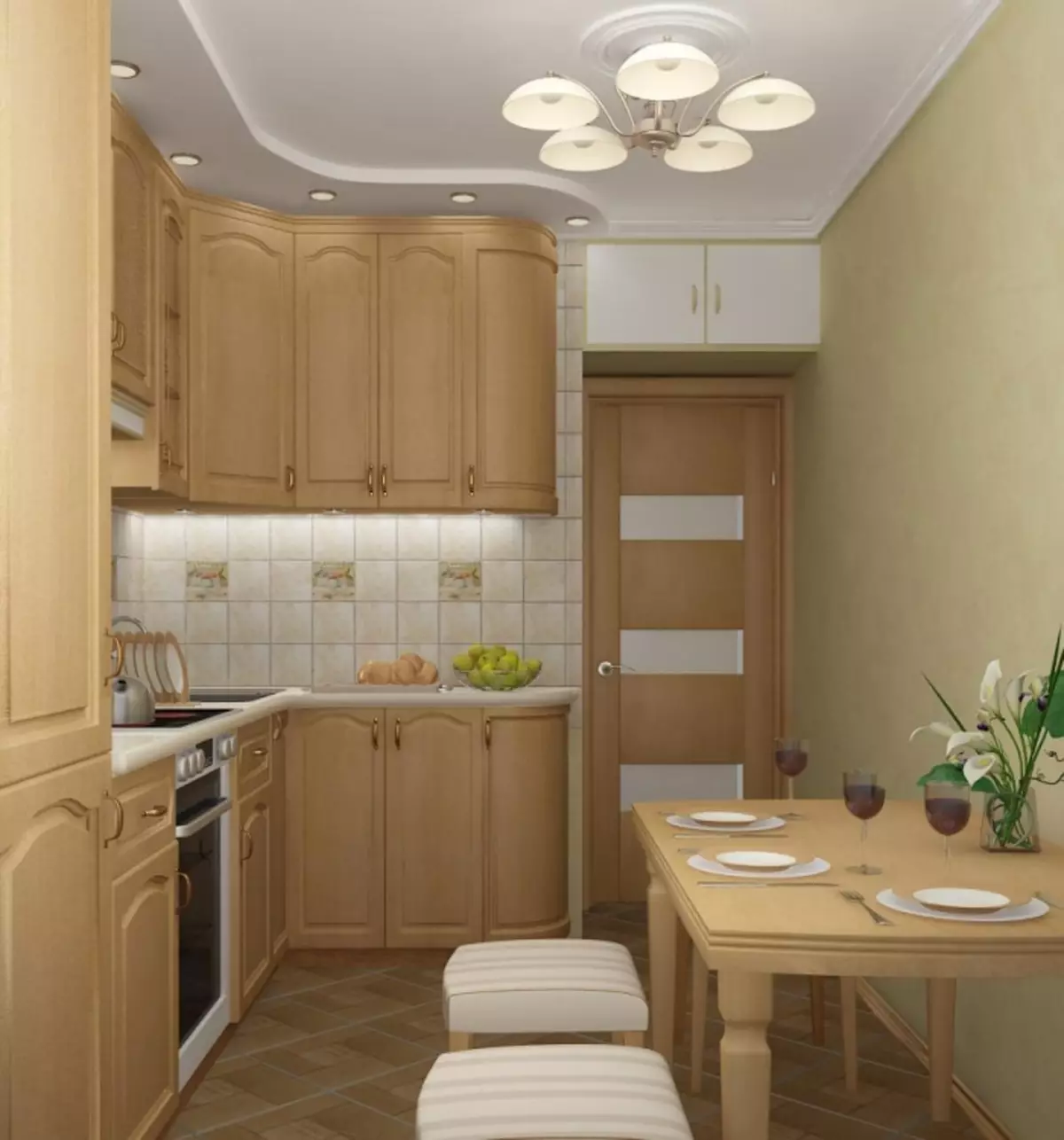 Design de cuisine 6 mètres carrés. M à Khrouchtchev (88 photos): Idées de design d'intérieur dans une petite pièce de 6 mètres carrés, tailles de cuisine et plan d'arrangement, options de réparation 9441_59