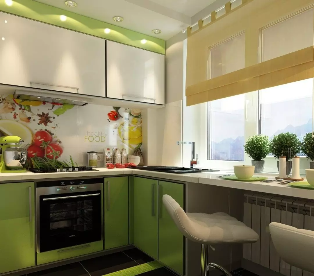 Little Cuisine (124 fotografií): Interiérový dizajn s malou izbou, kuchynský nábytok Malé námestie, kuchyňa dekorácie v byte, krásny dizajnér dokončenie možnosti 9450_110