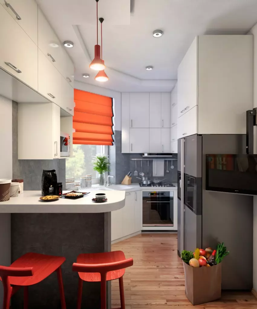 Little Cuisine (124 fotografií): Interiérový dizajn s malou izbou, kuchynský nábytok Malé námestie, kuchyňa dekorácie v byte, krásny dizajnér dokončenie možnosti 9450_120
