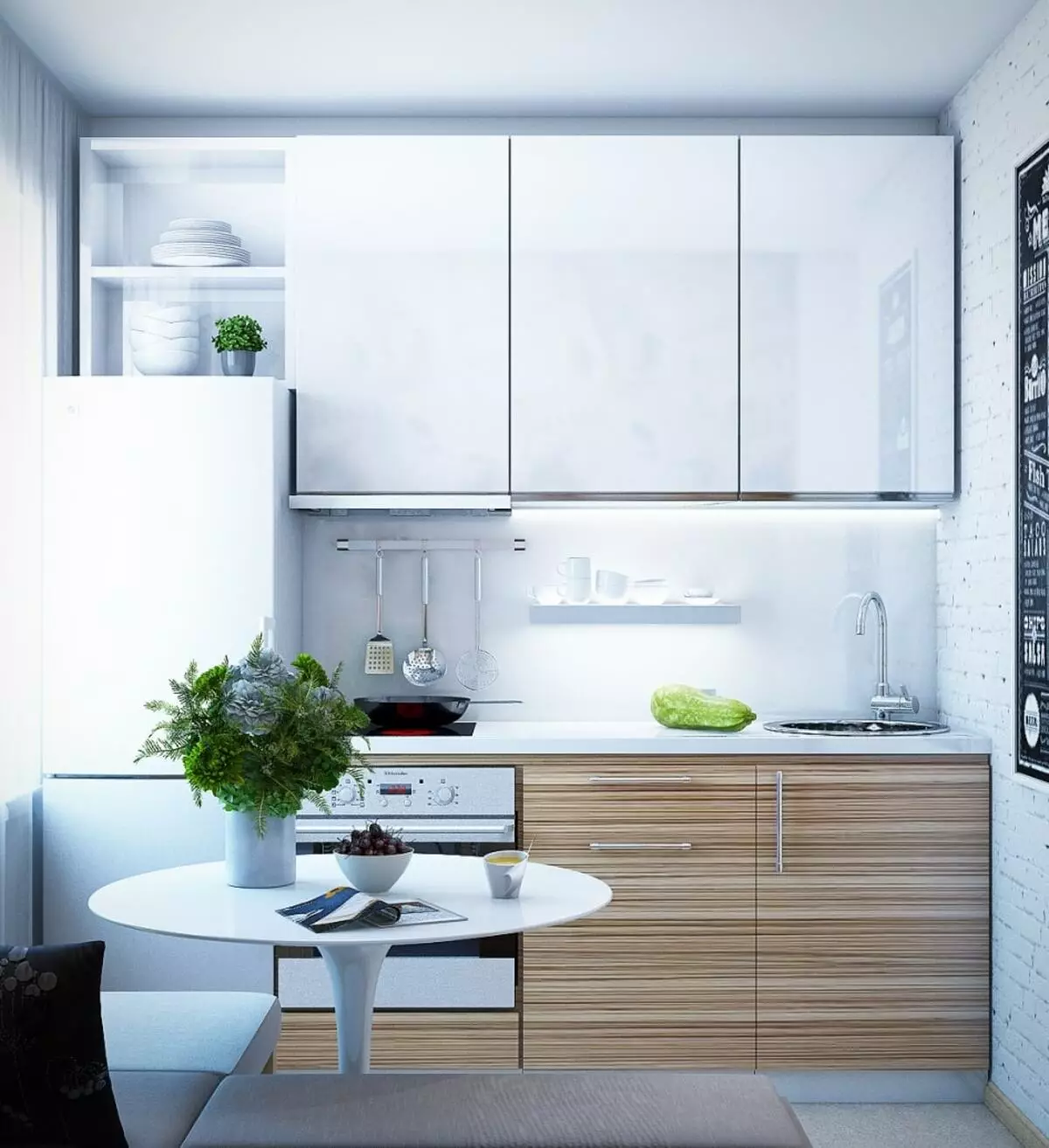 Little Cuisine (124 fotografií): Interiérový dizajn s malou izbou, kuchynský nábytok Malé námestie, kuchyňa dekorácie v byte, krásny dizajnér dokončenie možnosti 9450_15