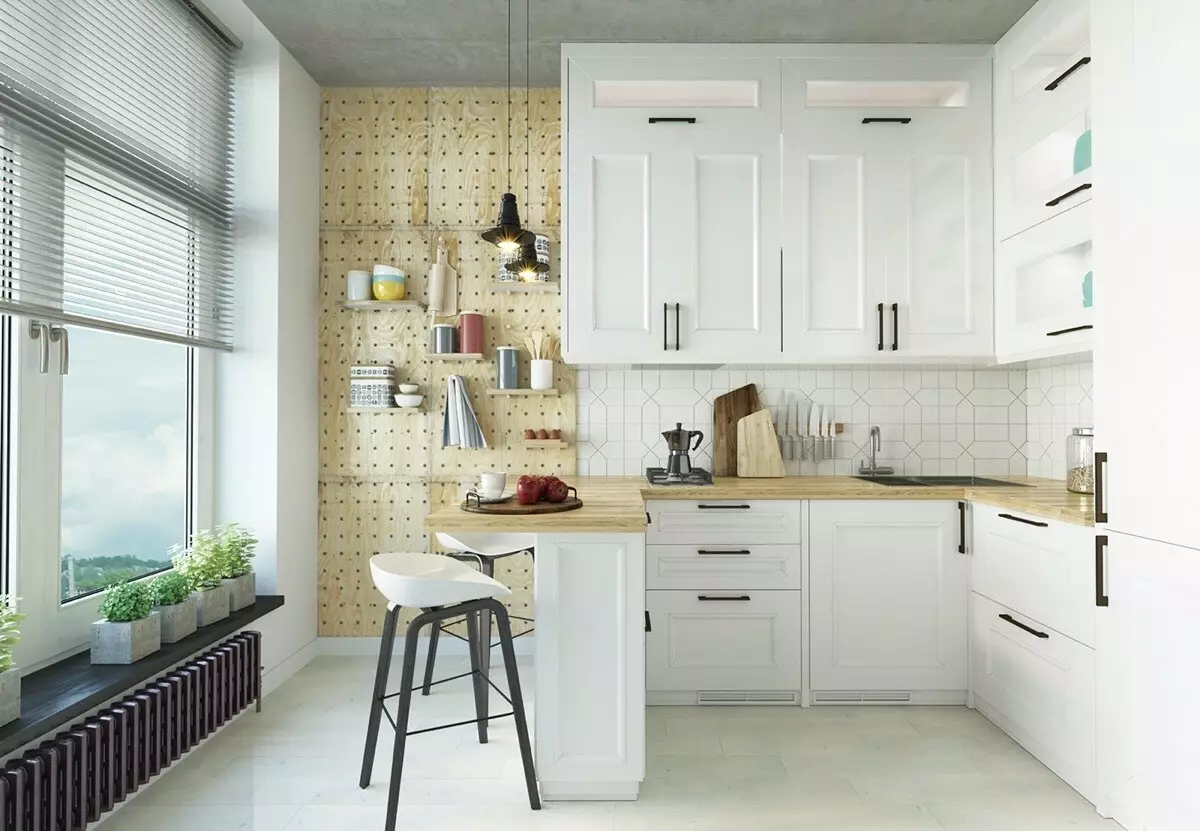 Masakan kecil (124 gambar): Reka bentuk dalaman bilik kecil, perabot dapur Kecil persegi, hiasan dapur di apartmen, pilihan penamat pereka yang indah 9450_37