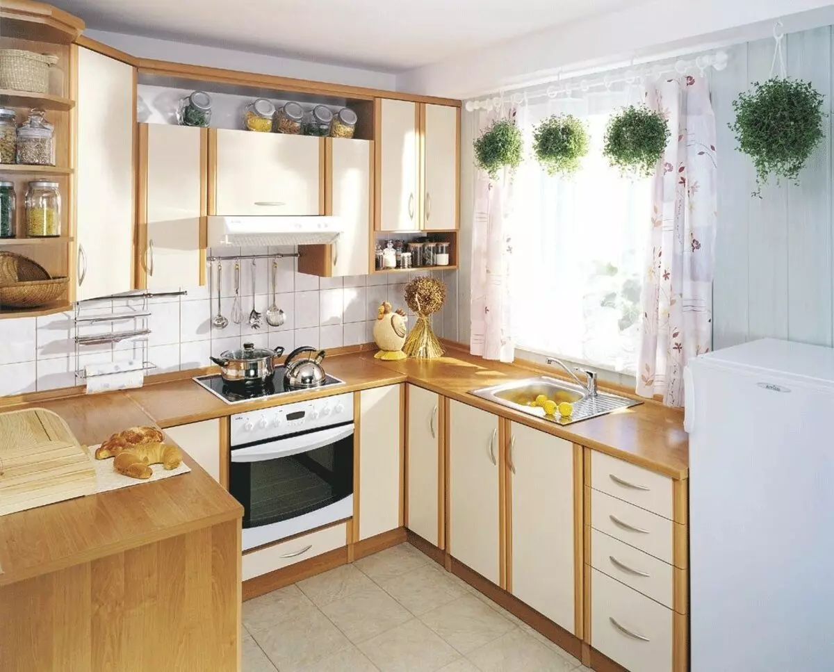 Little Cuisine (124 fotografií): Interiérový dizajn s malou izbou, kuchynský nábytok Malé námestie, kuchyňa dekorácie v byte, krásny dizajnér dokončenie možnosti 9450_72