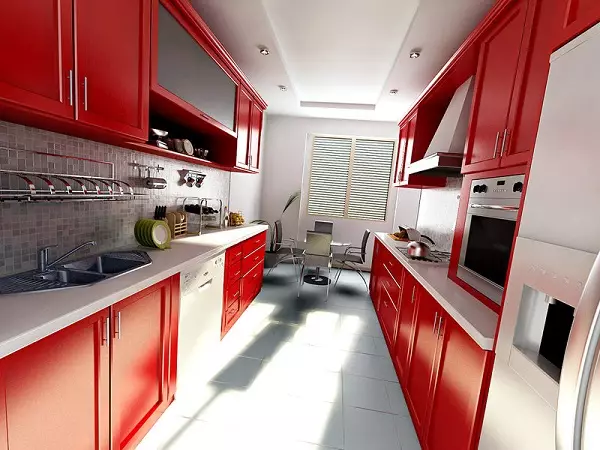 Długa i wąska konstrukcja kuchni (85 zdjęć): wnętrze wydłużonej kuchni z oknem na końcu, mało wąski planowanie kuchni, najlepsze pomysły na projekty pokojowe 2 o 4 metry 9452_10