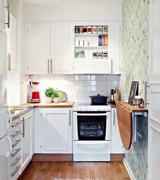 5 neliön keittiön muotoilu. M (100 valokuvaa): Korjaus keittiössä 5 neliömetriä, keittiöasetti ja muut huonekalut, ideat Suunnittelu pienelle keittiölle 9454_22