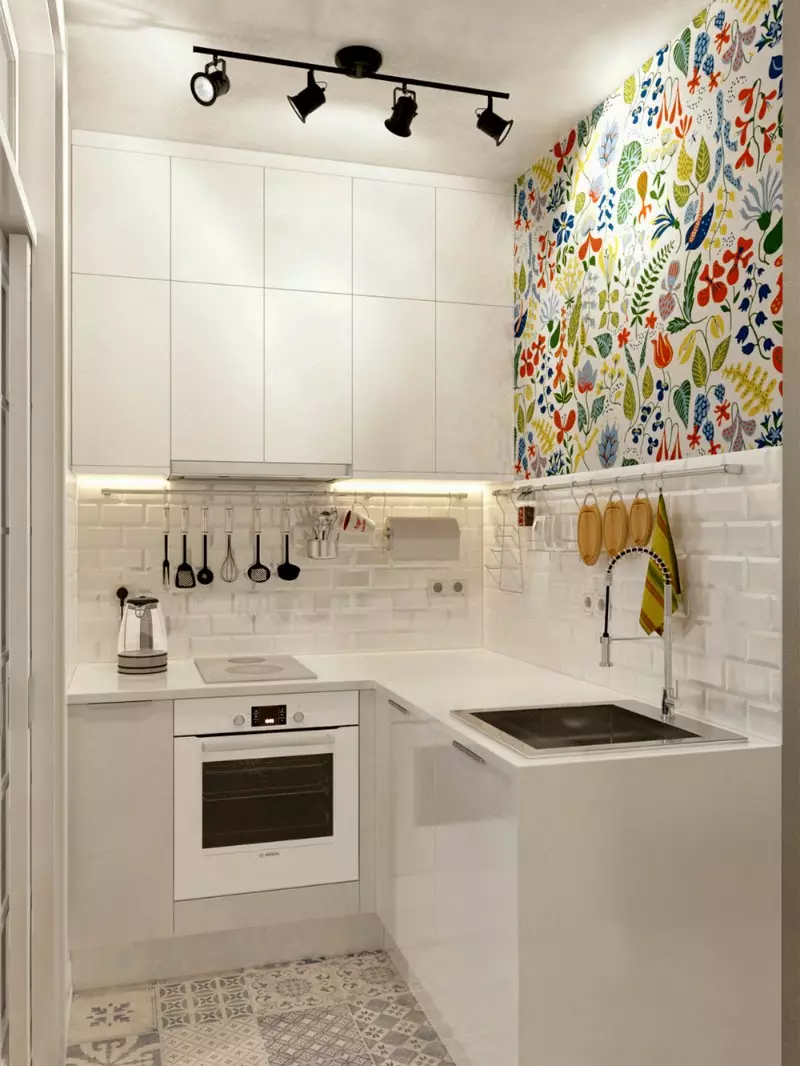 5 design de cozinha quadrada. M (100 fotos): Reparação na cozinha 5 metros quadrados, conjunto de cozinha e outros móveis, idéias planejamento para pequena cozinha 9454_23