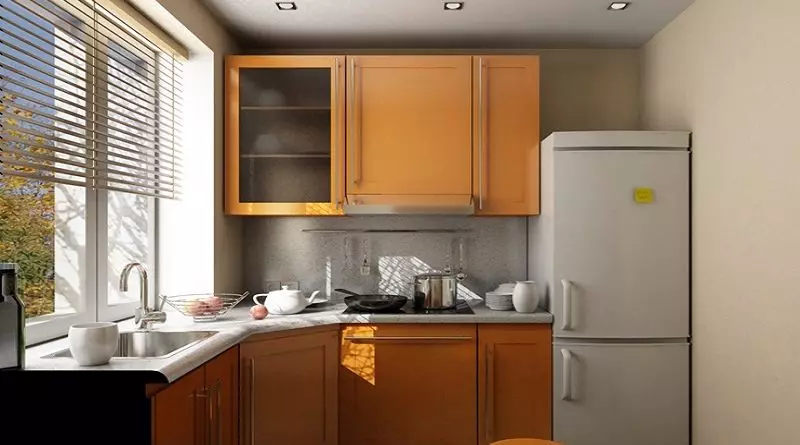 5 design de cozinha quadrada. M (100 fotos): Reparação na cozinha 5 metros quadrados, conjunto de cozinha e outros móveis, idéias planejamento para pequena cozinha 9454_38