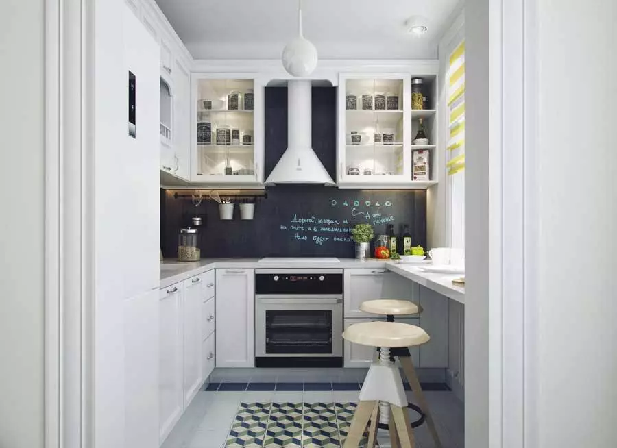 5 neliön keittiön muotoilu. M (100 valokuvaa): Korjaus keittiössä 5 neliömetriä, keittiöasetti ja muut huonekalut, ideat Suunnittelu pienelle keittiölle 9454_43