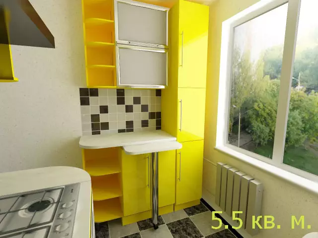 5 neliön keittiön muotoilu. M (100 valokuvaa): Korjaus keittiössä 5 neliömetriä, keittiöasetti ja muut huonekalut, ideat Suunnittelu pienelle keittiölle 9454_44