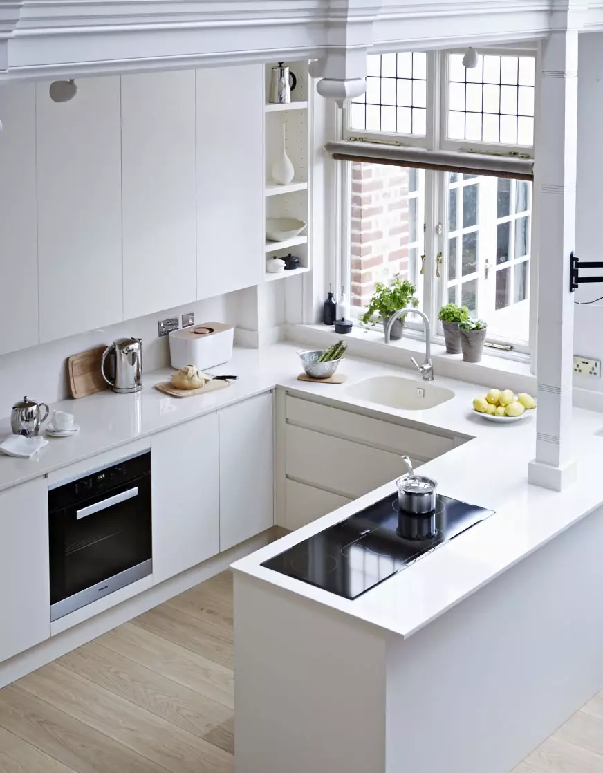 5 квадратни кујнски дизајн. M (100 фотографии): поправка во кујната 5 квадратни метри, кујна сет и друг мебел, идеи планирање за мала кујна 9454_45