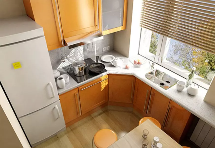 5 neliön keittiön muotoilu. M (100 valokuvaa): Korjaus keittiössä 5 neliömetriä, keittiöasetti ja muut huonekalut, ideat Suunnittelu pienelle keittiölle 9454_49