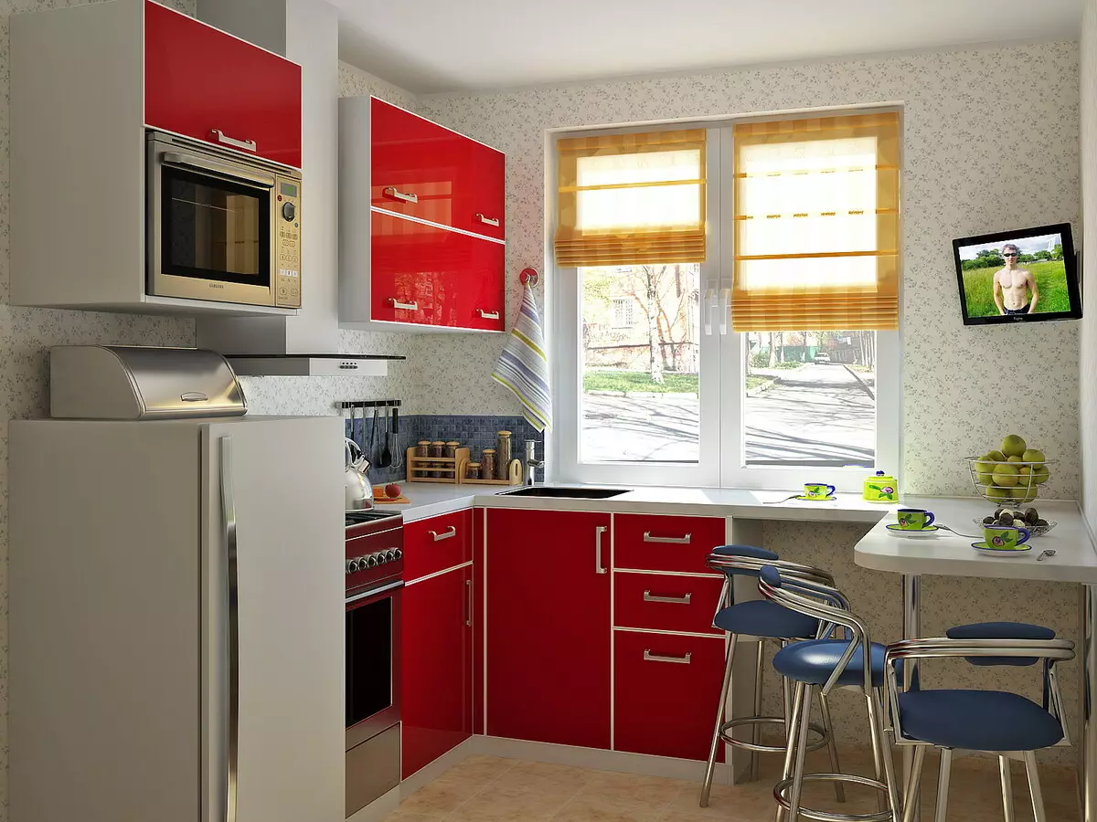 5 design de cozinha quadrada. M (100 fotos): Reparação na cozinha 5 metros quadrados, conjunto de cozinha e outros móveis, idéias planejamento para pequena cozinha 9454_50