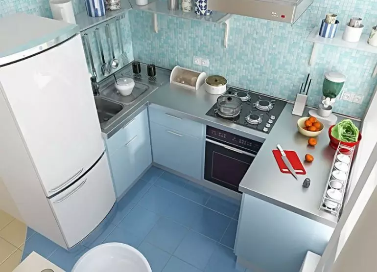 5 design de cozinha quadrada. M (100 fotos): Reparação na cozinha 5 metros quadrados, conjunto de cozinha e outros móveis, idéias planejamento para pequena cozinha 9454_88