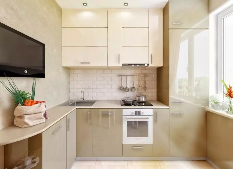 5 design de cozinha quadrada. M (100 fotos): Reparação na cozinha 5 metros quadrados, conjunto de cozinha e outros móveis, idéias planejamento para pequena cozinha 9454_9