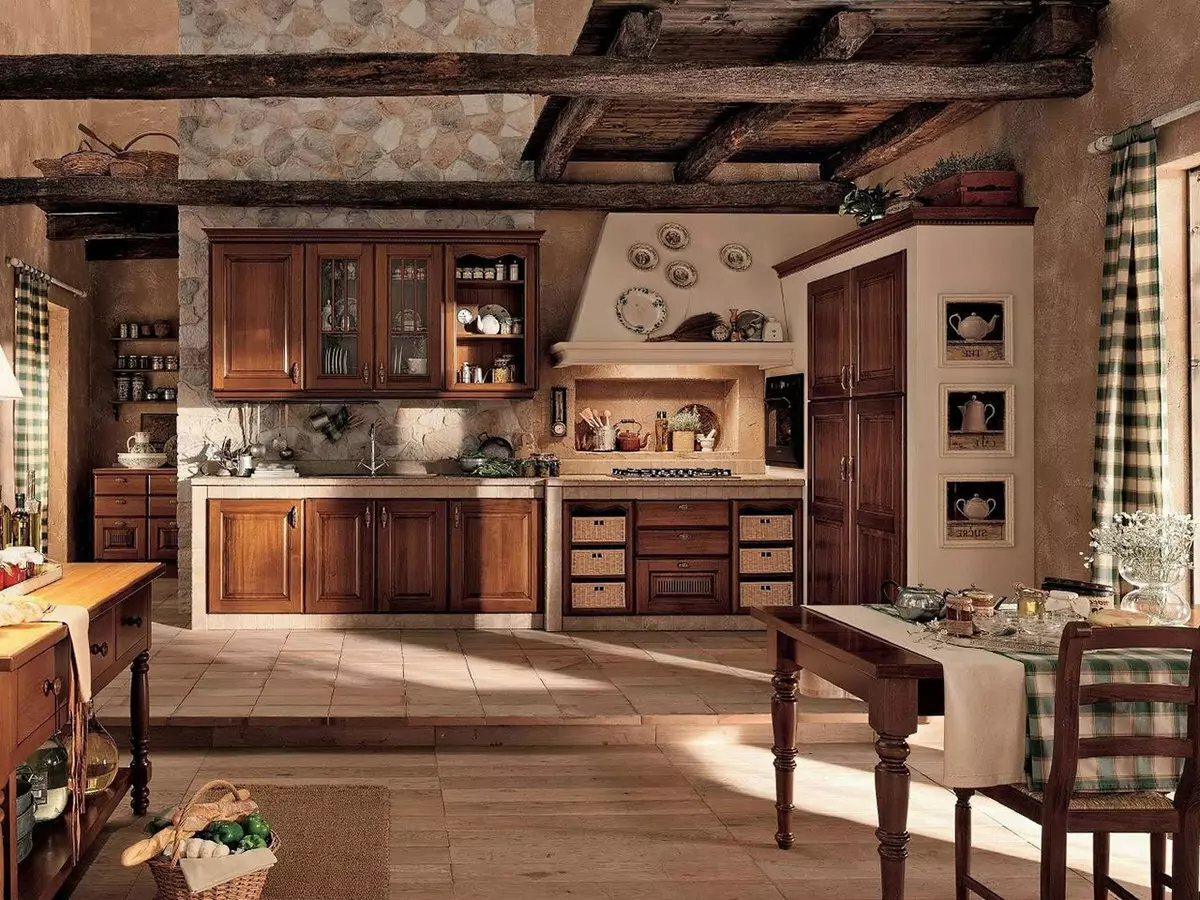 Kuchyň v rustikálním domě (68 fotografií): Interiérový design nápady ve starém venkovském domě se sporákem. Eco-Promariant uspořádání a výzdoba kuchyně v obci 9457_9