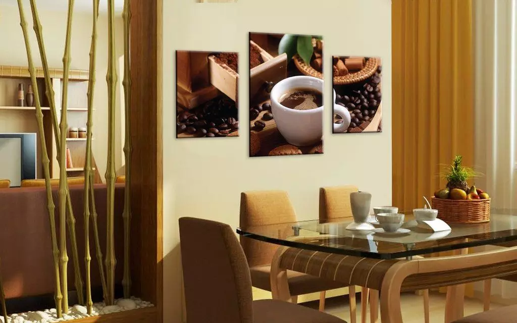 Imagini în bucătărie (48 fotografii): Ce poate fi atârnat pe perete? Picturi frumoase de ulei în interior, în continuare dureri cu fructe și albine de bucătărie alb-negru 9458_19