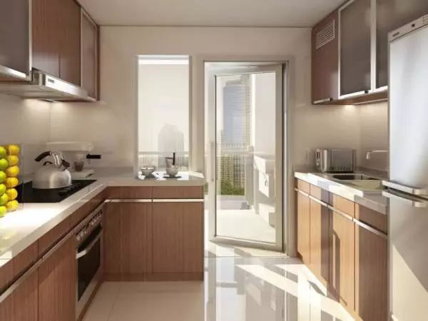 Kuchyňský design 9m². M s balkonem (71 fotek): rozložení a možnosti pro interiér kuchyně s přístupem k balkonu, doporučení o opravách 9466_13