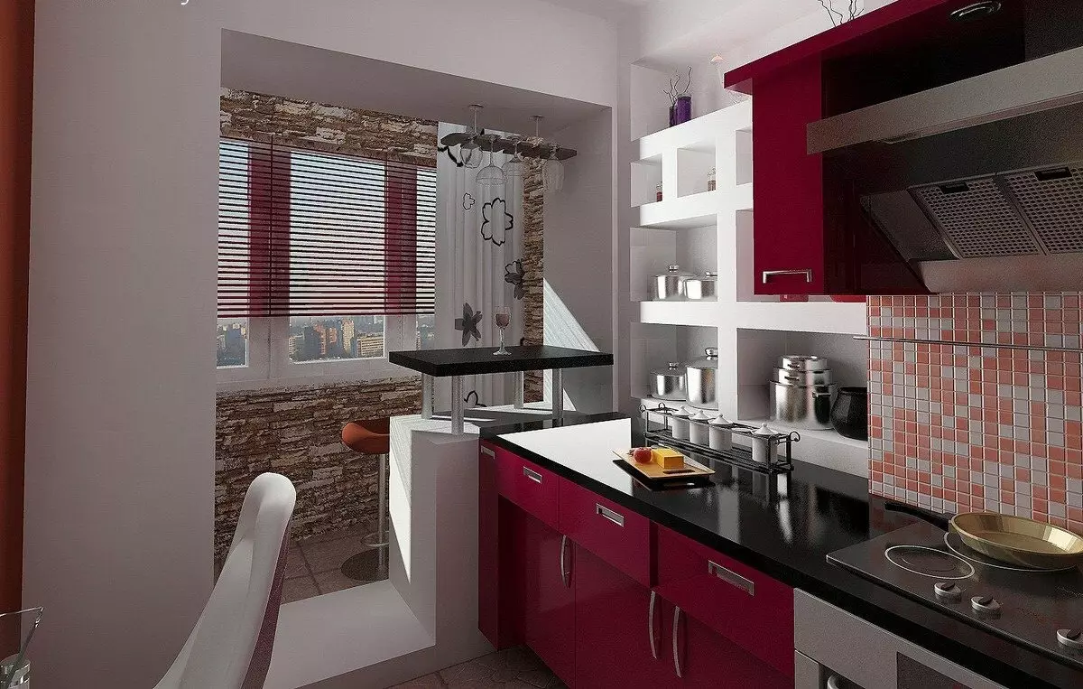 Deseño de cociña 9 metros cadrados. M cun balcón (71 fotos): deseño e opcións para a cociña interior con acceso ao balcón, recomendacións de reparación 9466_16