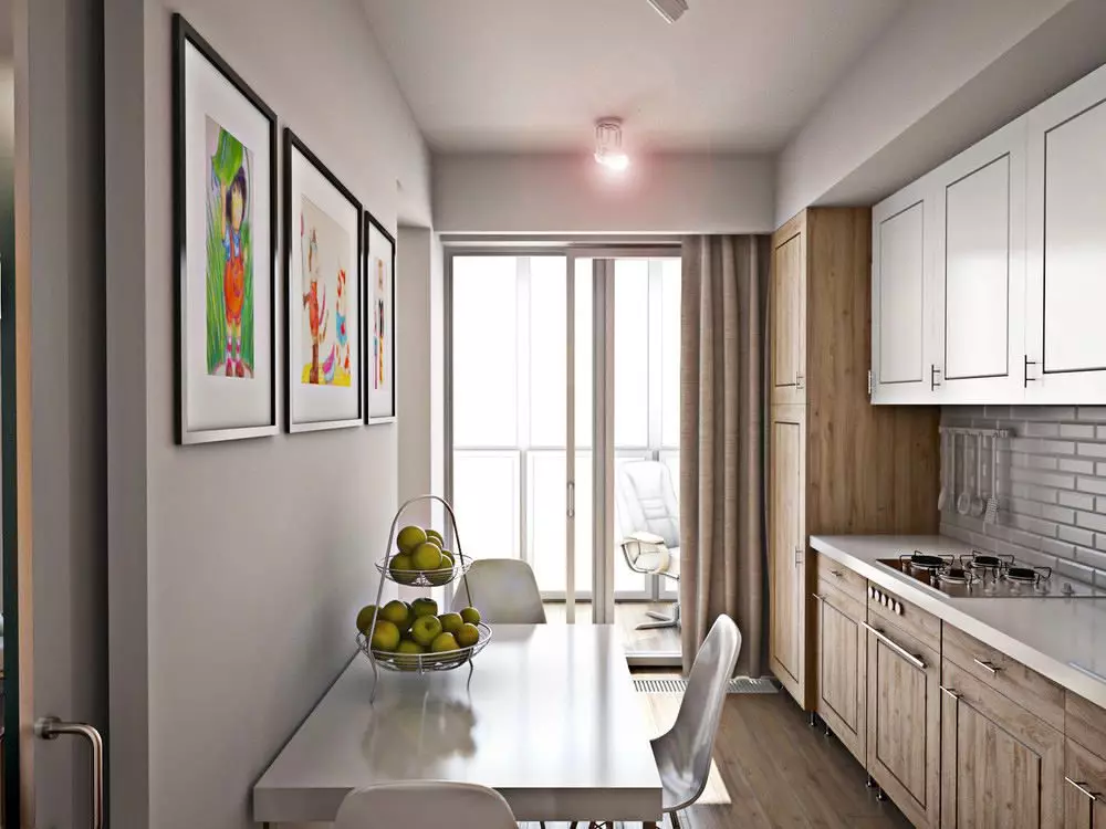 厨房设计9平方米。 M上有阳台（71张）：布局和厨房内的选项可通往阳台，维修建议 9466_24