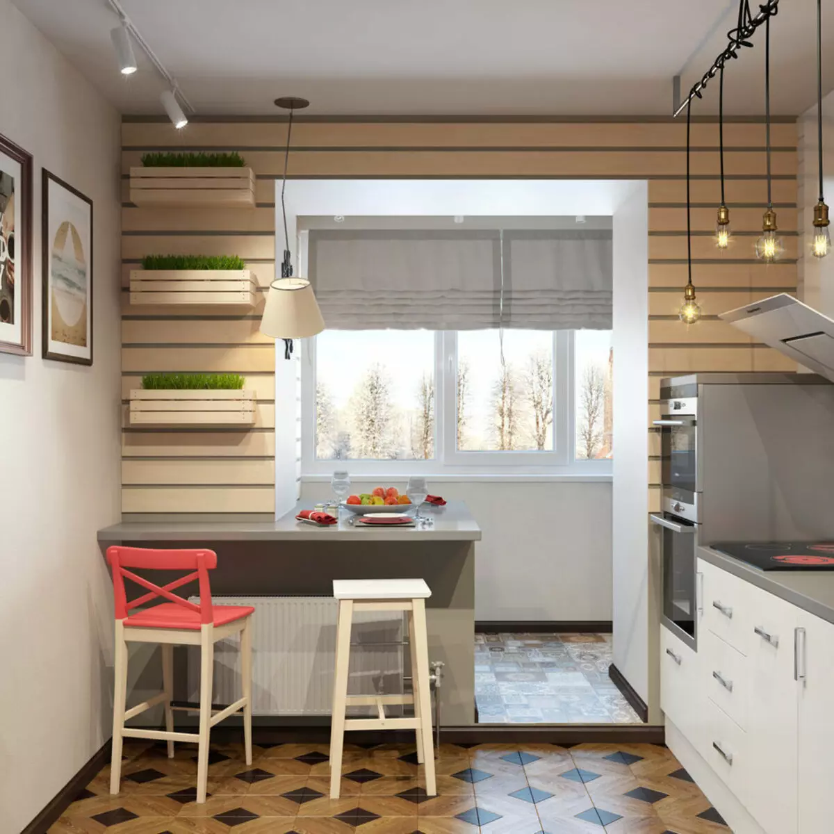Köök Design 9 ruutmeetrit. M koos rõduga (71 fotot): köögi sisemuse paigutus ja valikud, millel on juurdepääs rõdule, remondi soovitustele 9466_25