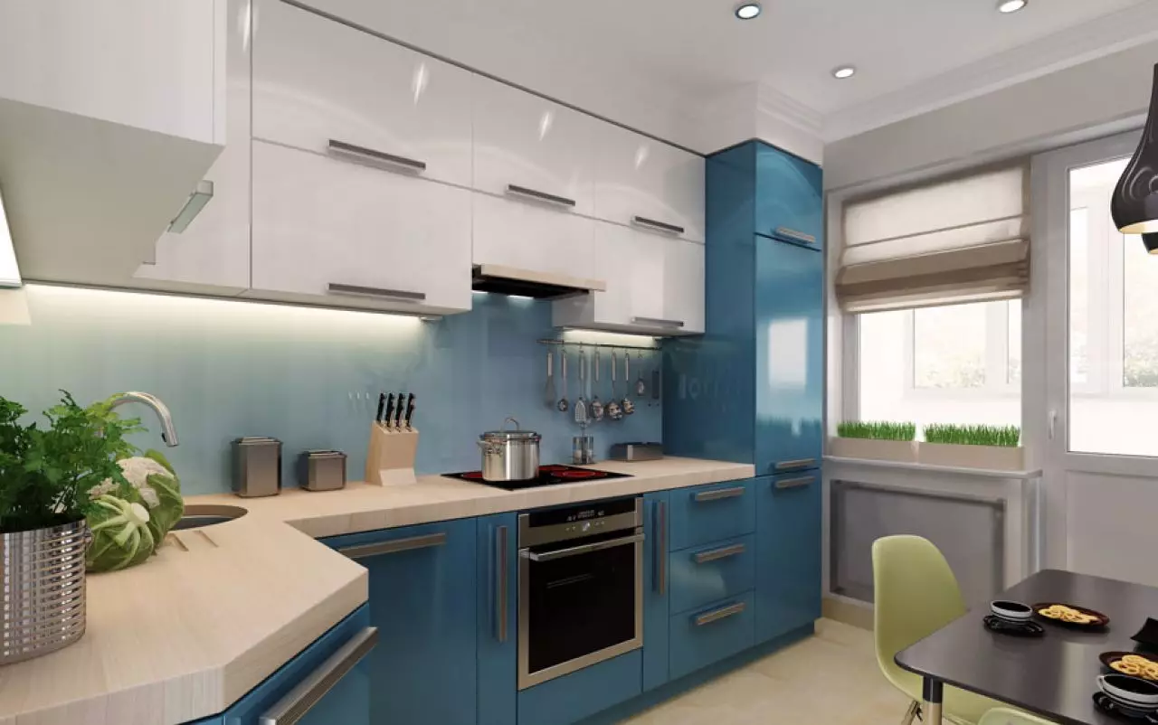 Deseño de cociña 9 metros cadrados. M cun balcón (71 fotos): deseño e opcións para a cociña interior con acceso ao balcón, recomendacións de reparación 9466_54