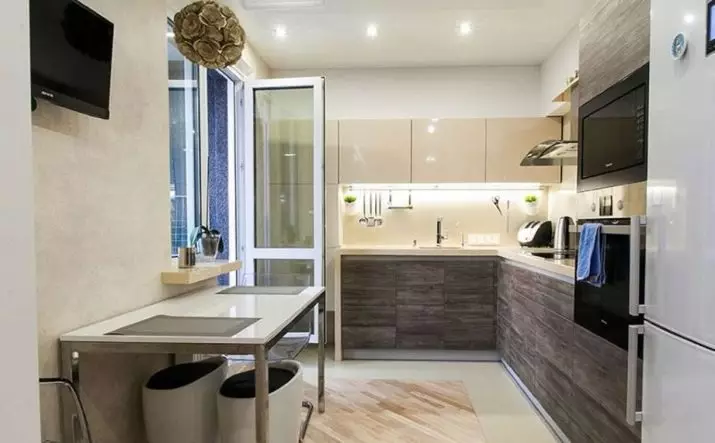 Kuchyňský design 9m². M s balkonem (71 fotek): rozložení a možnosti pro interiér kuchyně s přístupem k balkonu, doporučení o opravách 9466_70