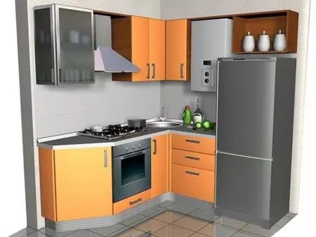 Buzdolabı (43 fotoğraf) ile açısal mutfak tasarım ve diyagramı: Cezalarda ve yerleşik ve buzdolabı ile mutfak başlığına genel bakış. Giriş ve pencerelerdeki konum seçenekleri 9478_3