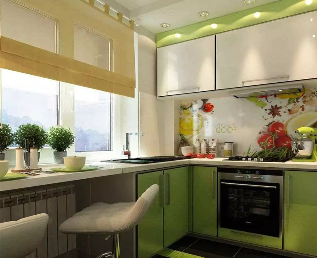 Cucine in una casa-nave (46 foto): Design da cucina 6 metri quadrati. Metri e riparazione di altre piccole cucine, idee di pianificazione 9482_7