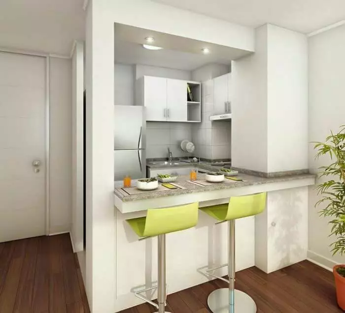 Гал тогооны өрөө (42 зураг): Энэ юу вэ? Дизайн дотоод санаанууд. Орон сууцанд гал тогооны өрөөний ничийг хэрхэн яаж цохих вэ? Хавтгай дөрвөлжин хэмжээтэй 9483_9