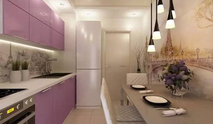 Drejtkëndëshe Kitchen Design (foto 65): Pak Kuzhina Layout Brendshme Format e një drejtkëndësh të ngushta me divan dhe ballkon, zonimit Features, Ide e bukur dhe Projekte 9484_2