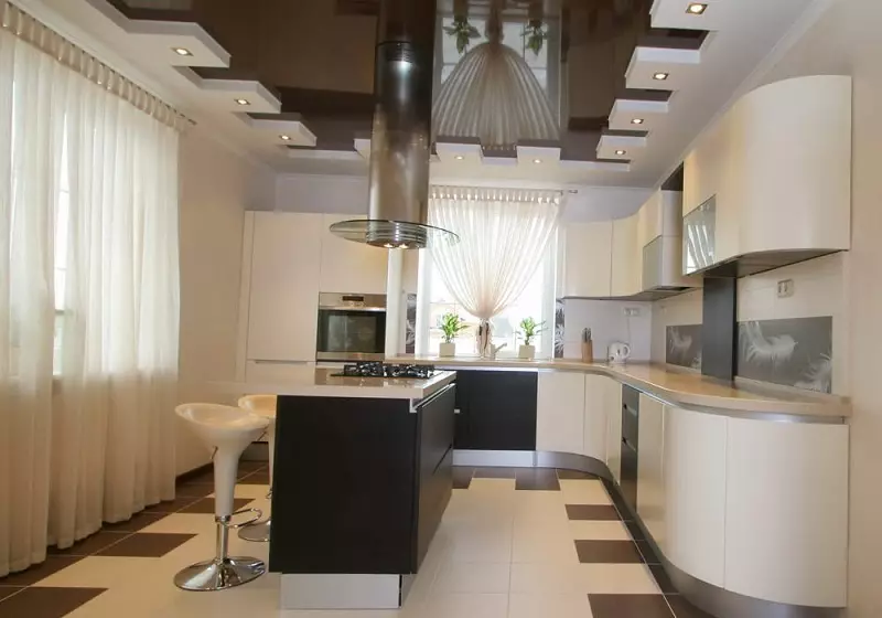 Drejtkëndëshe Kitchen Design (foto 65): Pak Kuzhina Layout Brendshme Format e një drejtkëndësh të ngushta me divan dhe ballkon, zonimit Features, Ide e bukur dhe Projekte 9484_23