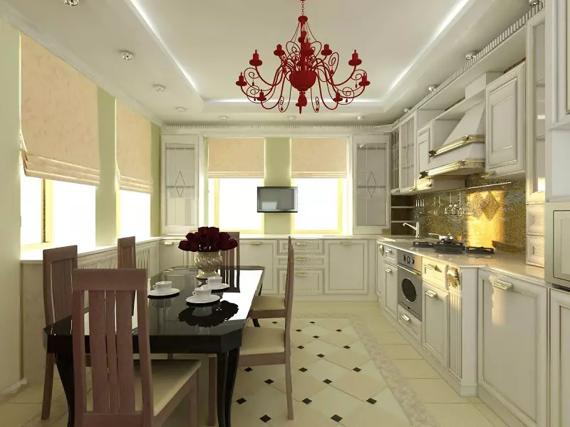 Drejtkëndëshe Kitchen Design (foto 65): Pak Kuzhina Layout Brendshme Format e një drejtkëndësh të ngushta me divan dhe ballkon, zonimit Features, Ide e bukur dhe Projekte 9484_28