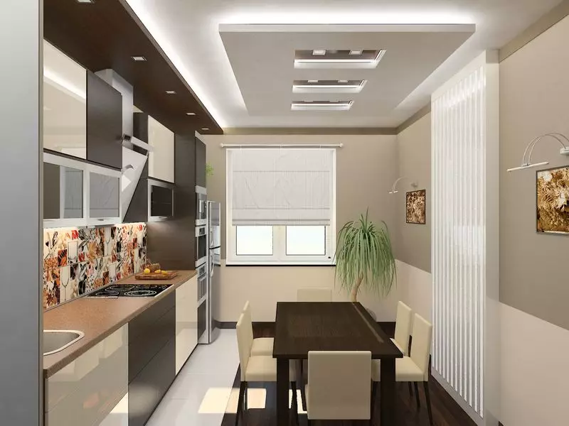 Drejtkëndëshe Kitchen Design (foto 65): Pak Kuzhina Layout Brendshme Format e një drejtkëndësh të ngushta me divan dhe ballkon, zonimit Features, Ide e bukur dhe Projekte 9484_31