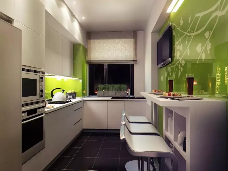 Drejtkëndëshe Kitchen Design (foto 65): Pak Kuzhina Layout Brendshme Format e një drejtkëndësh të ngushta me divan dhe ballkon, zonimit Features, Ide e bukur dhe Projekte 9484_44