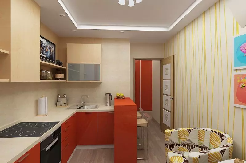 Drejtkëndëshe Kitchen Design (foto 65): Pak Kuzhina Layout Brendshme Format e një drejtkëndësh të ngushta me divan dhe ballkon, zonimit Features, Ide e bukur dhe Projekte 9484_53