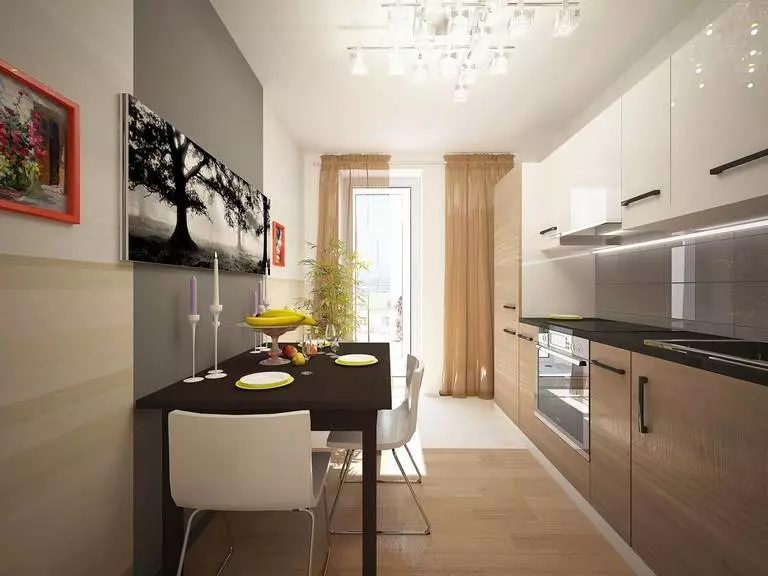 Drejtkëndëshe Kitchen Design (foto 65): Pak Kuzhina Layout Brendshme Format e një drejtkëndësh të ngushta me divan dhe ballkon, zonimit Features, Ide e bukur dhe Projekte 9484_59