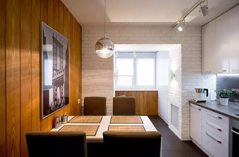 Drejtkëndëshe Kitchen Design (foto 65): Pak Kuzhina Layout Brendshme Format e një drejtkëndësh të ngushta me divan dhe ballkon, zonimit Features, Ide e bukur dhe Projekte 9484_63