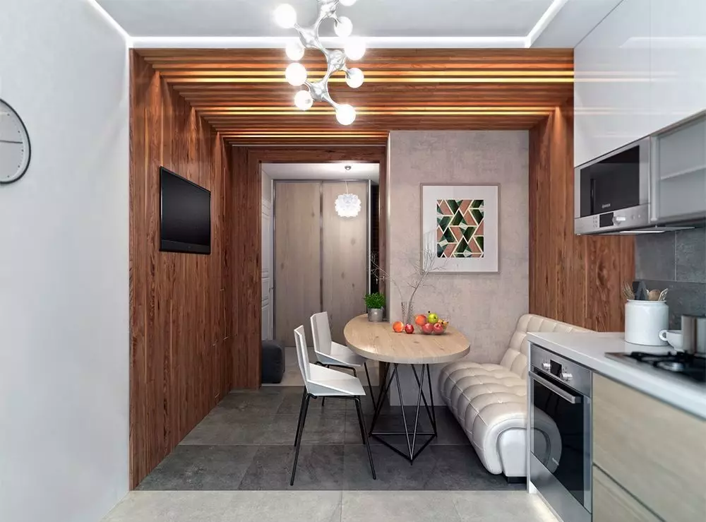 Virtuvės įėjimo salė (62 nuotraukos): virtuvės išdėstymas kartu su koridoriumi privačiame name ir bute. Interjero dizaino virtuvės salės viename stiliuje 9487_10