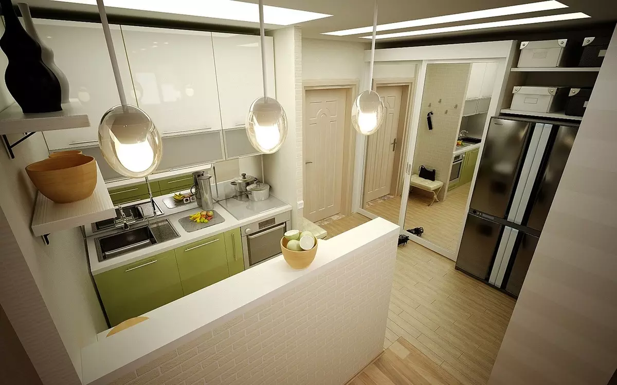 Virtuvės įėjimo salė (62 nuotraukos): virtuvės išdėstymas kartu su koridoriumi privačiame name ir bute. Interjero dizaino virtuvės salės viename stiliuje 9487_16
