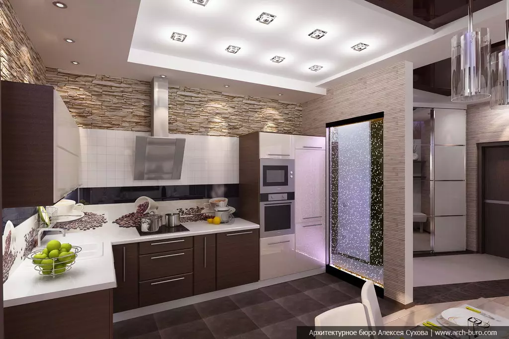 Virtuvės įėjimo salė (62 nuotraukos): virtuvės išdėstymas kartu su koridoriumi privačiame name ir bute. Interjero dizaino virtuvės salės viename stiliuje 9487_23