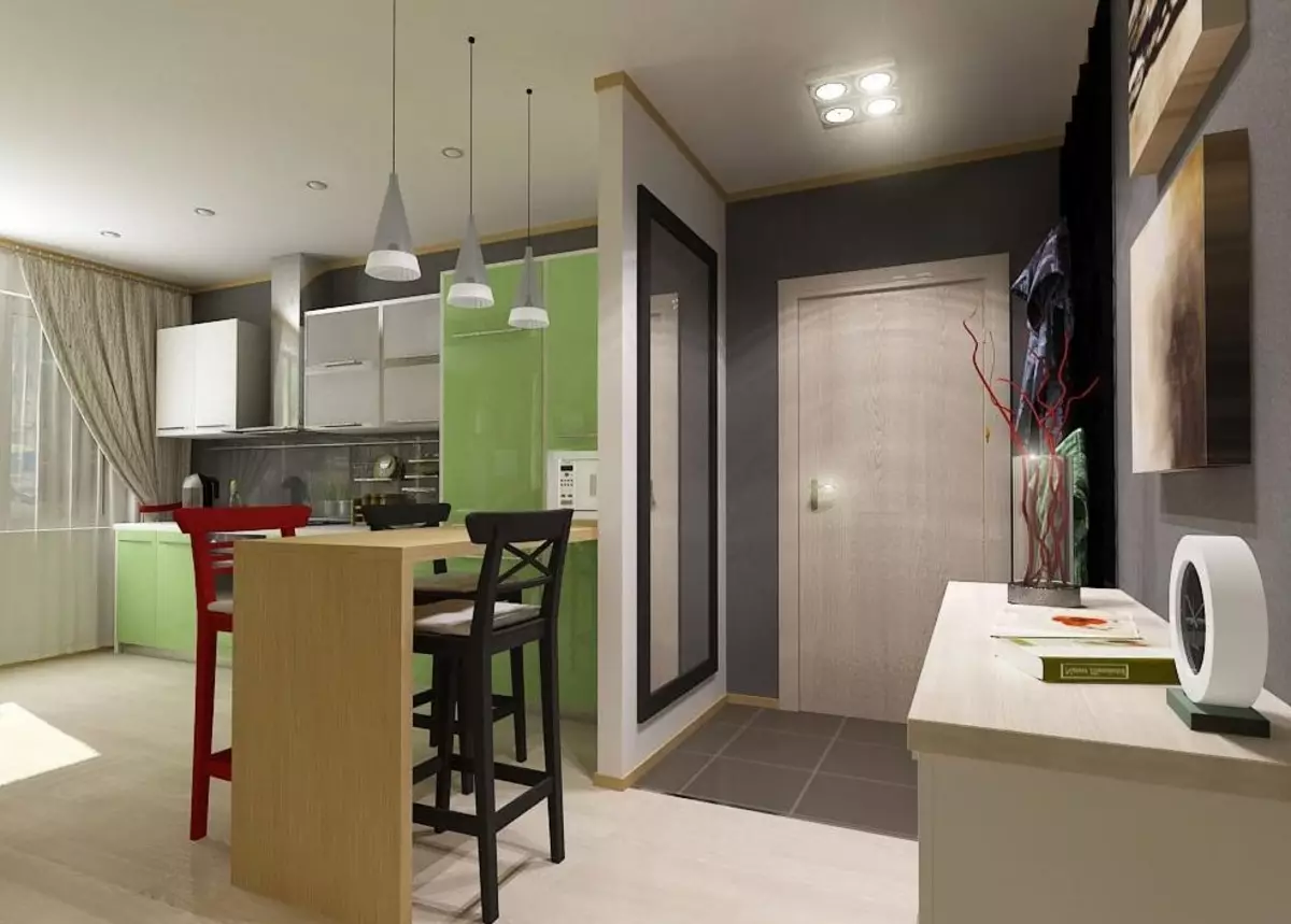 Кујна-влезната сала (62 фотографии): распоред на кујната во комбинација со коридор во приватна куќа и во станот. Внатрешен дизајн кујна-сали во еден стил 9487_3