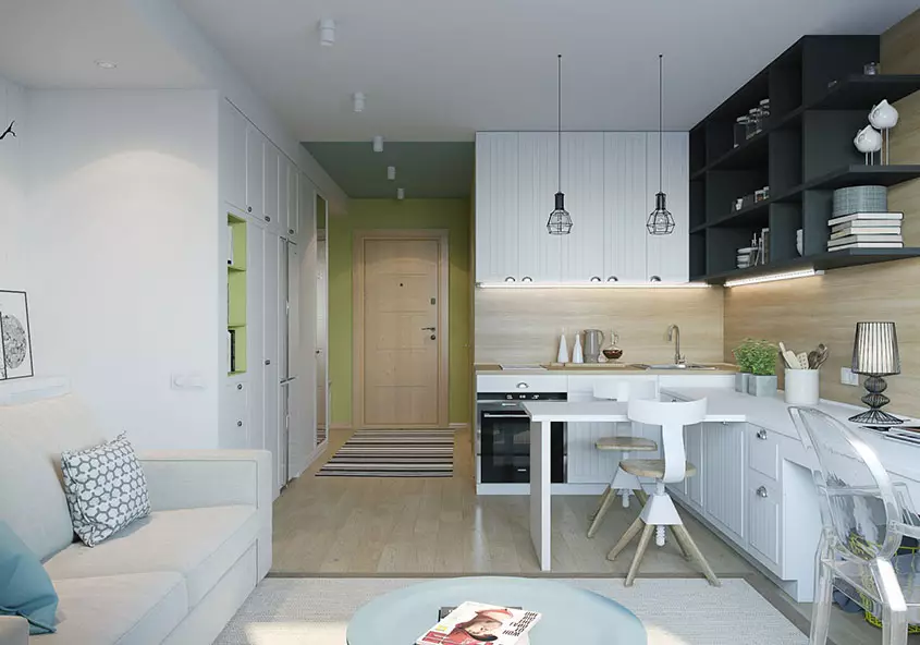 Virtuvės įėjimo salė (62 nuotraukos): virtuvės išdėstymas kartu su koridoriumi privačiame name ir bute. Interjero dizaino virtuvės salės viename stiliuje 9487_58