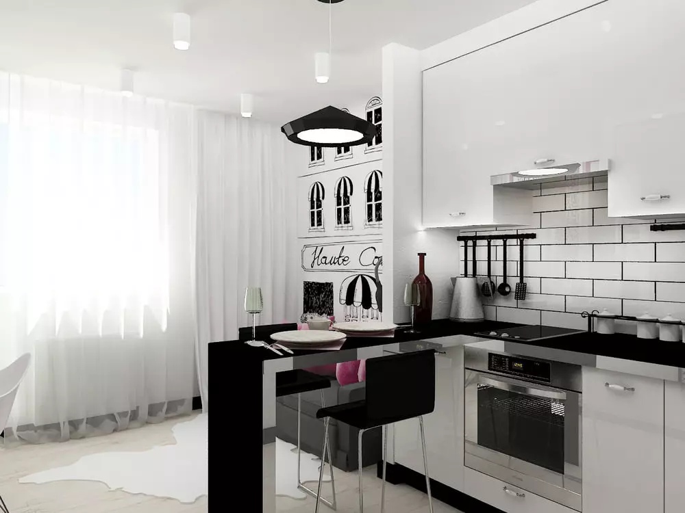 Kitchen-studio 20 square meters. M (50 mga larawan): Mga pagpipilian sa disenyo para sa pinagsamang mga kuwarto na may isang lugar na 20 mga parisukat sa apartment 9488_16