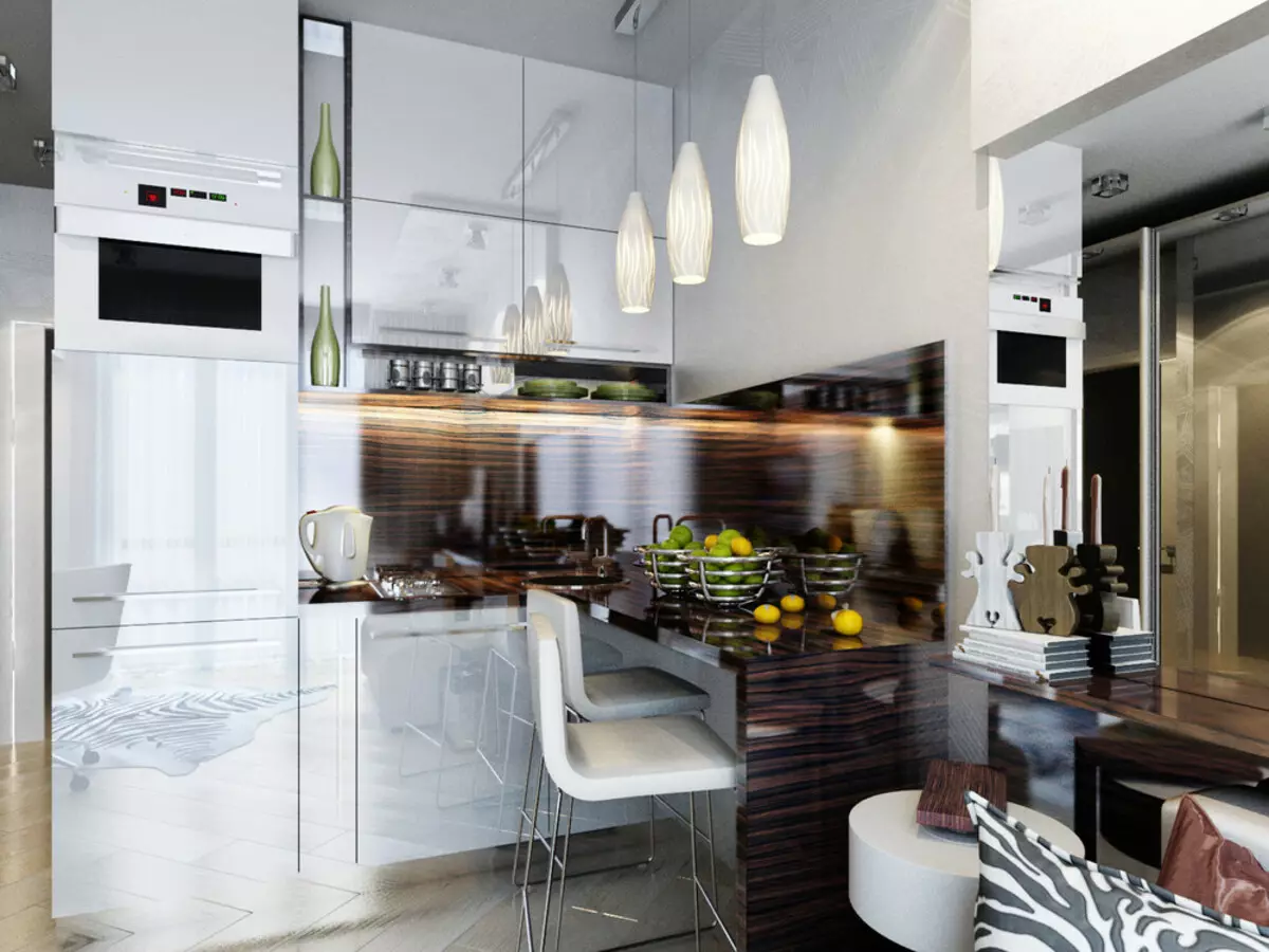 Kuzhina-studio 20 metra katrore. M (50 foto): Opsionet e projektimit për dhomat e kombinuara me një sipërfaqe prej 20 shesheve në apartament 9488_18