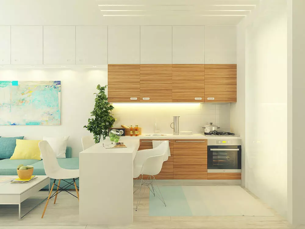 Kuzhina-studio 20 metra katrore. M (50 foto): Opsionet e projektimit për dhomat e kombinuara me një sipërfaqe prej 20 shesheve në apartament 9488_21