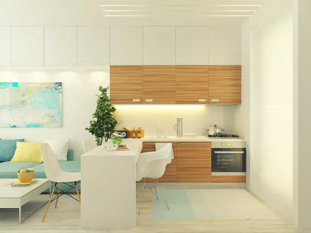 Dapur-Studio 20 méter pasagi. M (50 foto): pilihan rarancang pikeun kamar dikombinasikeun kalayan hiji aréa 20 kuadrat dina apartemen 9488_21