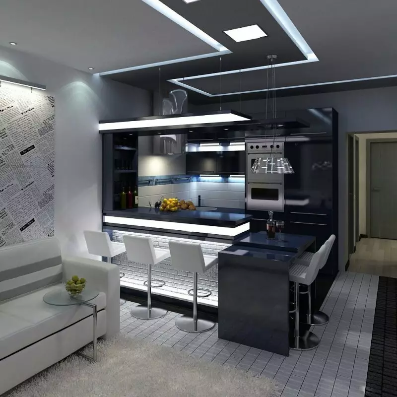 Kitchen-studio 20 square meters. M (50 mga larawan): Mga pagpipilian sa disenyo para sa pinagsamang mga kuwarto na may isang lugar na 20 mga parisukat sa apartment 9488_25