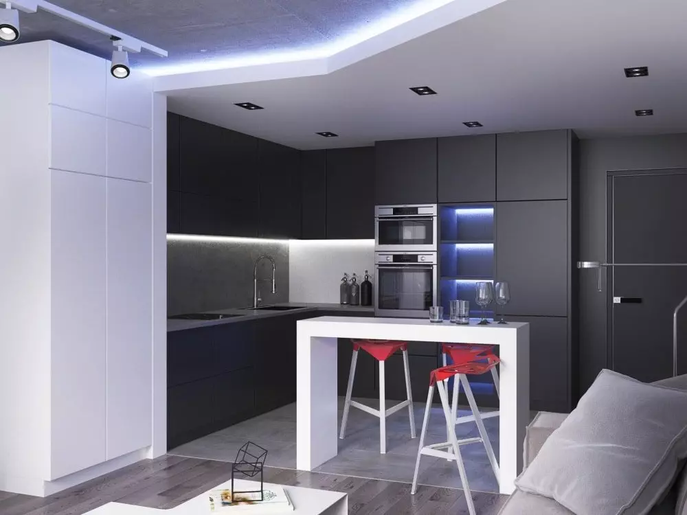Studio de cociña 20 metros cadrados. M (50 fotos): opcións de deseño para cuartos combinados cunha superficie de 20 cadrados no apartamento 9488_28