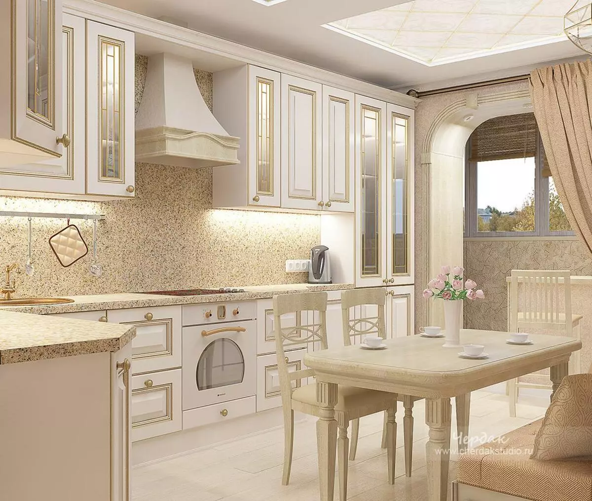 Kitchen-studio 20 square meters. M (50 mga larawan): Mga pagpipilian sa disenyo para sa pinagsamang mga kuwarto na may isang lugar na 20 mga parisukat sa apartment 9488_37